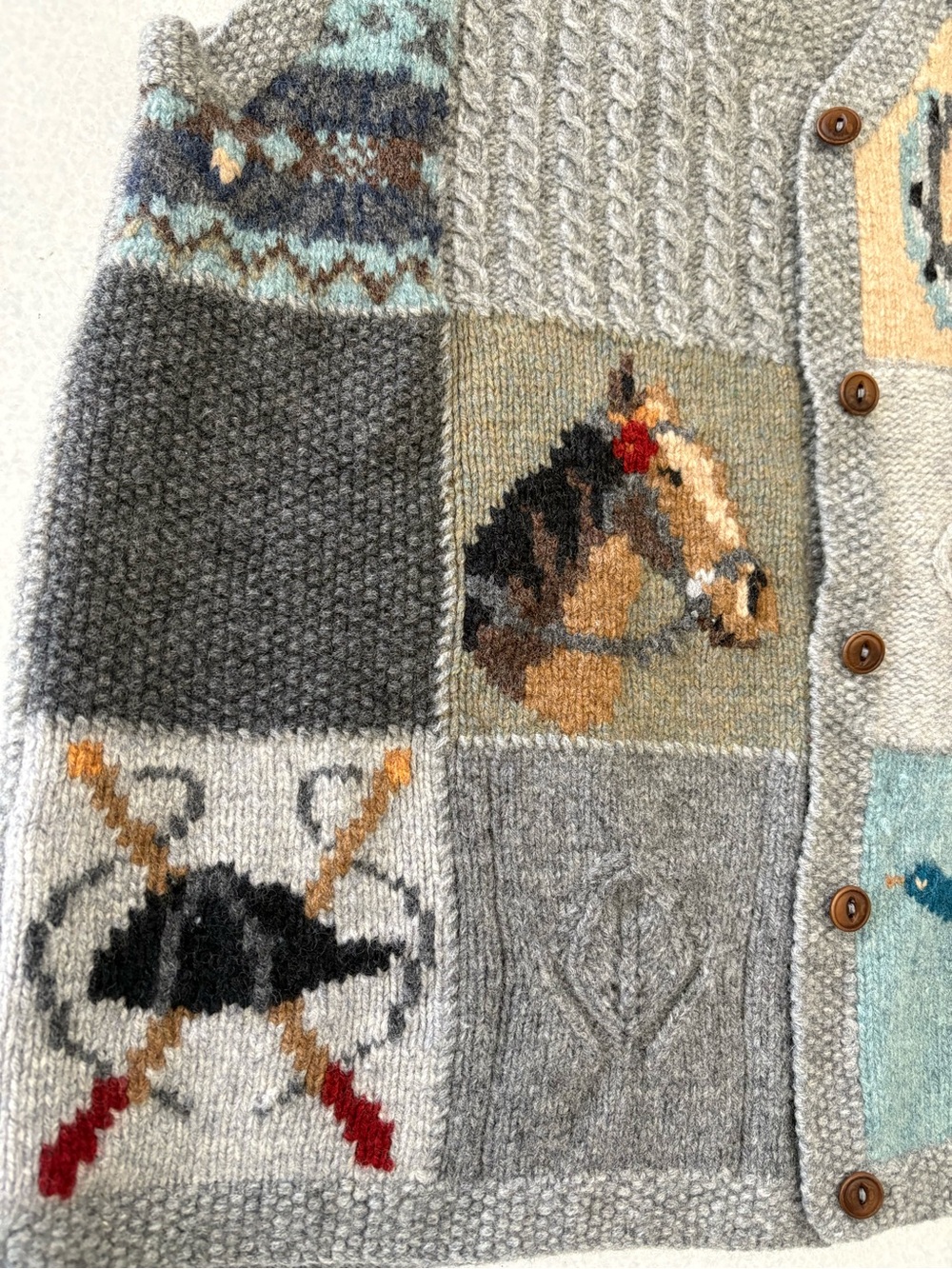 RARE Vintage Lauren Ralph Lauren Hand Knit Patchwork Equestrian Wool Vest - Picture 4 of 10